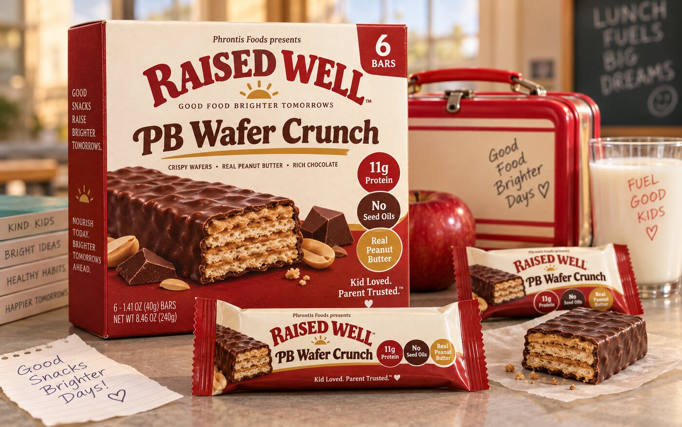 Concept packaging for Raised Well PB Wafer Crunch: a six-bar carton beside two wrapped bars, with one bar cut open to show three crisp wafer layers separated by peanut butter creme under a chocolate coating.